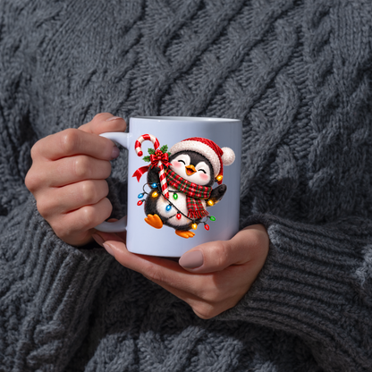 Christmas Mug "Happy Christmas Penguin Candy Cane" Happy Penguin 325ml Ceramic Coffee Mug – Festive Christmas Tea Cup with Santa Hat, Plaid Scarf Candy Cane Fairy Lights Graphic Gift | Available in Multicolours | Fast Dispatch by UK Seller (M3187)
