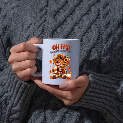 Autumn Highland Cow Mug "Oh FFS! Where's My Pumpkin Spice?" Oh FFS! Where's My Pumpkin Spice? 325ml Ceramic Coffee Mug – Cute Highland Cow with Leopard Bow, Scarf & Pumpkin Coffee | Fall Coffee Lover Gift | Fast Dispatch by UK Seller (M3364)