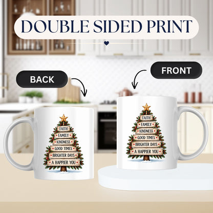 Inspirational "Faith Family Kindness Good Times Brighter Days A Happier You" Wooden Sign Christmas Tree 325 ml Ceramic Coffee Mug Festive Winter Holiday Tea Cup with Golden Star & Rustic Plank Design Gift (M1263)