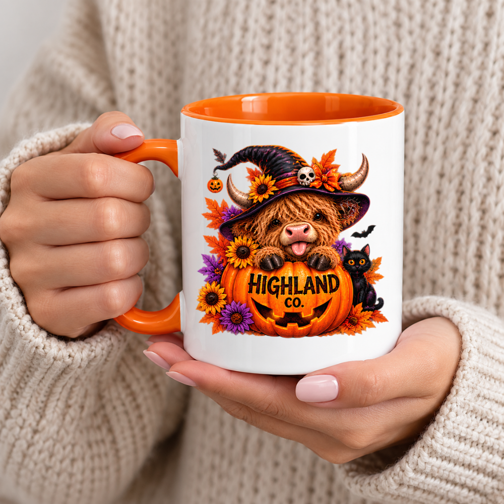 Halloween Mug "Highland Cow Witch Pumpkin" Highland Cow Witch Pumpkin 325ml Ceramic Coffee Mug – Cute Halloween Autumn Tea Cup with Highland Cow Witch Hat Jack O Lantern Black Cat Sunflowers Graphic Gift | Fast Dispatch by UK Seller (M3210)