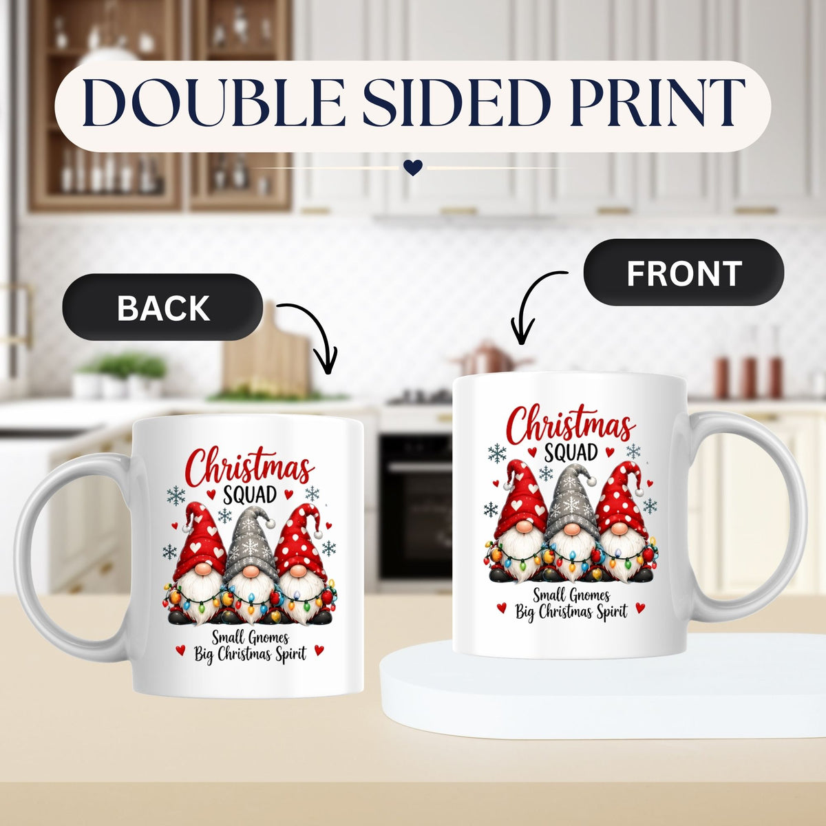 Festive Mug "Christmas Squad" Trio Gnomes 325ml Ceramic Coffee Mug – Cute Winter Holiday Tea Cup with String Lights & Hearts Gift | Available in Multicolours | Fast Dispatch by UK Seller (M1256)
