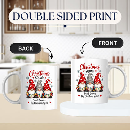 Festive Mug "Christmas Squad" Trio Gnomes 325ml Ceramic Coffee Mug – Cute Winter Holiday Tea Cup with String Lights & Hearts Gift | Available in Multicolours | Fast Dispatch by UK Seller (M1256)