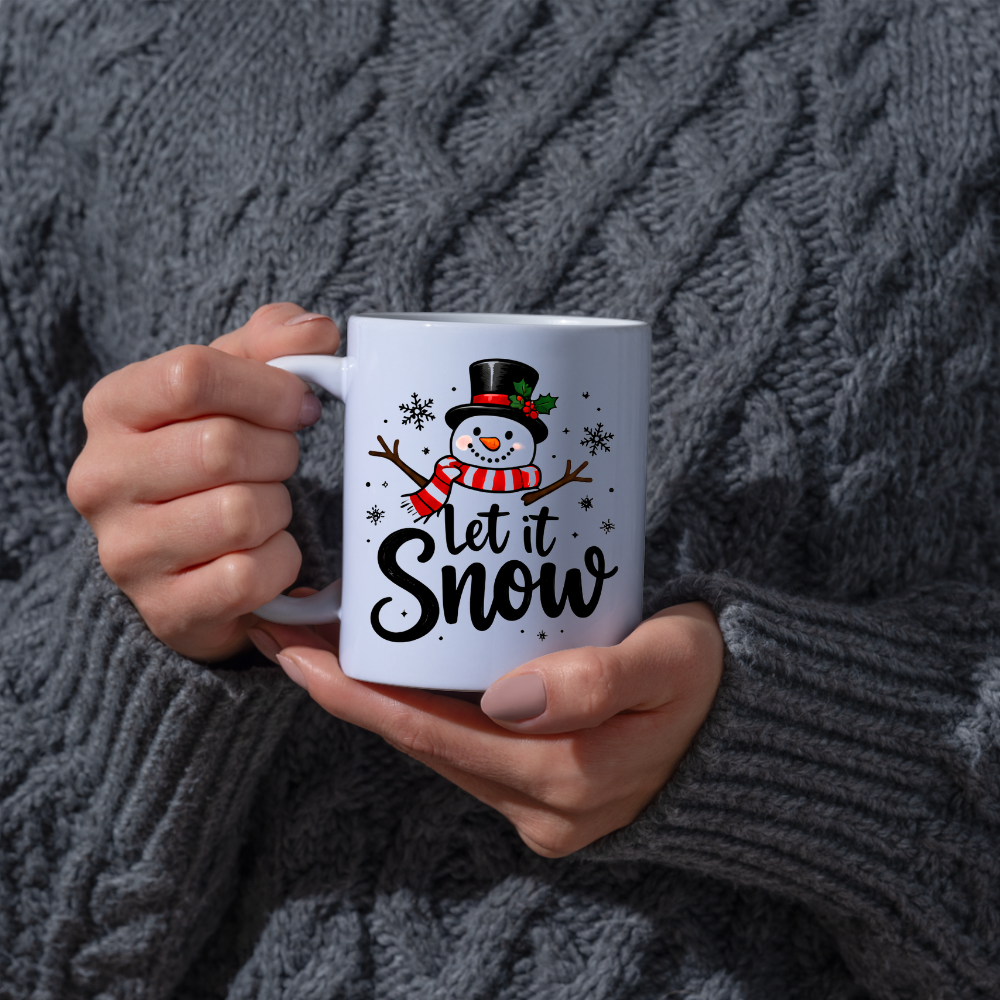Snowman Christmas Mug "Let It Snow" Let It Snow 325ml Ceramic Coffee Mug – Cute Smiling Snowman with Top Hat, Red Striped Scarf & Flurry Snowflakes | Winter Holiday Gift | Fast Dispatch by UK Seller (M3433)