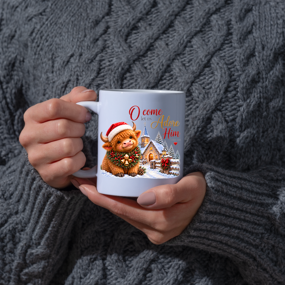 Christmas Mug "O Come Let Us Adore Him Highland Cow" Luke 2:11 325ml Ceramic Coffee Mug – Festive Highland Cow Mug With Christmas Bells Snowy Church Fence Christian Holiday Gift | Available in Multicolours | Fast Dispatch by UK Seller (M3310)