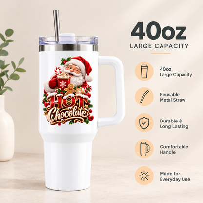 Festive Christmas Travel Tumbler "Hot Chocolate" Graphic 40oz Stainless Steel Insulated Travel Mug with Handle & Straw – Santa Claus with Cocoa Mug, Gingerbread Man & Candy Cane Holiday Gift | Fast Dispatch by UK Seller (T3069)