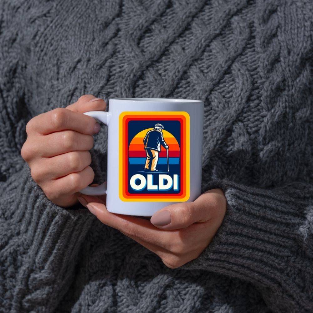Funny Mug "OLDI" Retro Old Age Joke Coffee Cup 350ml Ceramic Novelty Mug, Male Female Grandad Grandma Design, Humorous Gift for Dad Mum Grandpa Nanny, 50th 60th 70th 80th Birthday Christmas Secret Santa | Fast Dispatch by UK Seller (M1046)