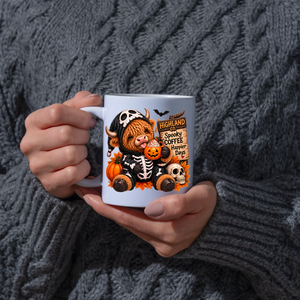 Halloween Mug "Skeleton Onesie Spooky Coffee Happier Days Highland Co." Skeleton Onesie Highland Cow 325ml Ceramic Coffee Mug – Cute Halloween Tea Cup Skull Onesie Pumpkin Mug Graphic Gift | Available in Multicolours | Fast Dispatch by UK Seller (M3181)