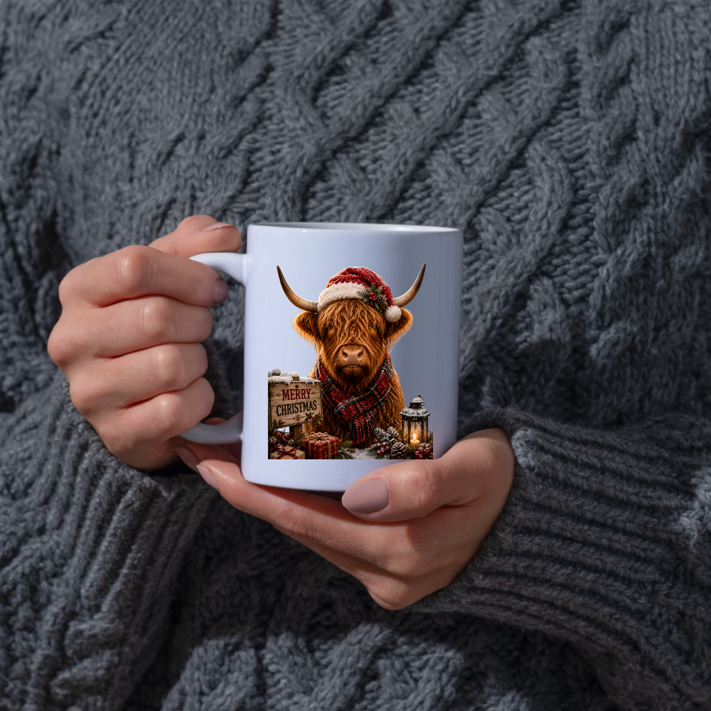 Festive Mug "Merry Christmas Highland Cow" Christmas Highland Cow 325ml Ceramic Coffee Mug Festive Winter Tea Cup with Santa Hat and Tartan Scarf Graphic Gift | Available in Multicolours | Fast Dispatch by UK Seller (M3157)