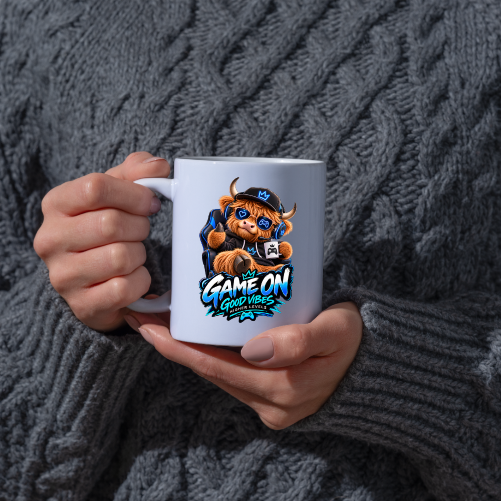 Gaming Mug "Game On Good Vibes Higher Levels" Game On Good Vibes Higher Levels 325ml Ceramic Coffee Mug – Cute Highland Cow Gamer in Chair with Headset, Mug & Blue Splatter Art | Video Game Gift | Fast Dispatch by UK Seller (M3348)