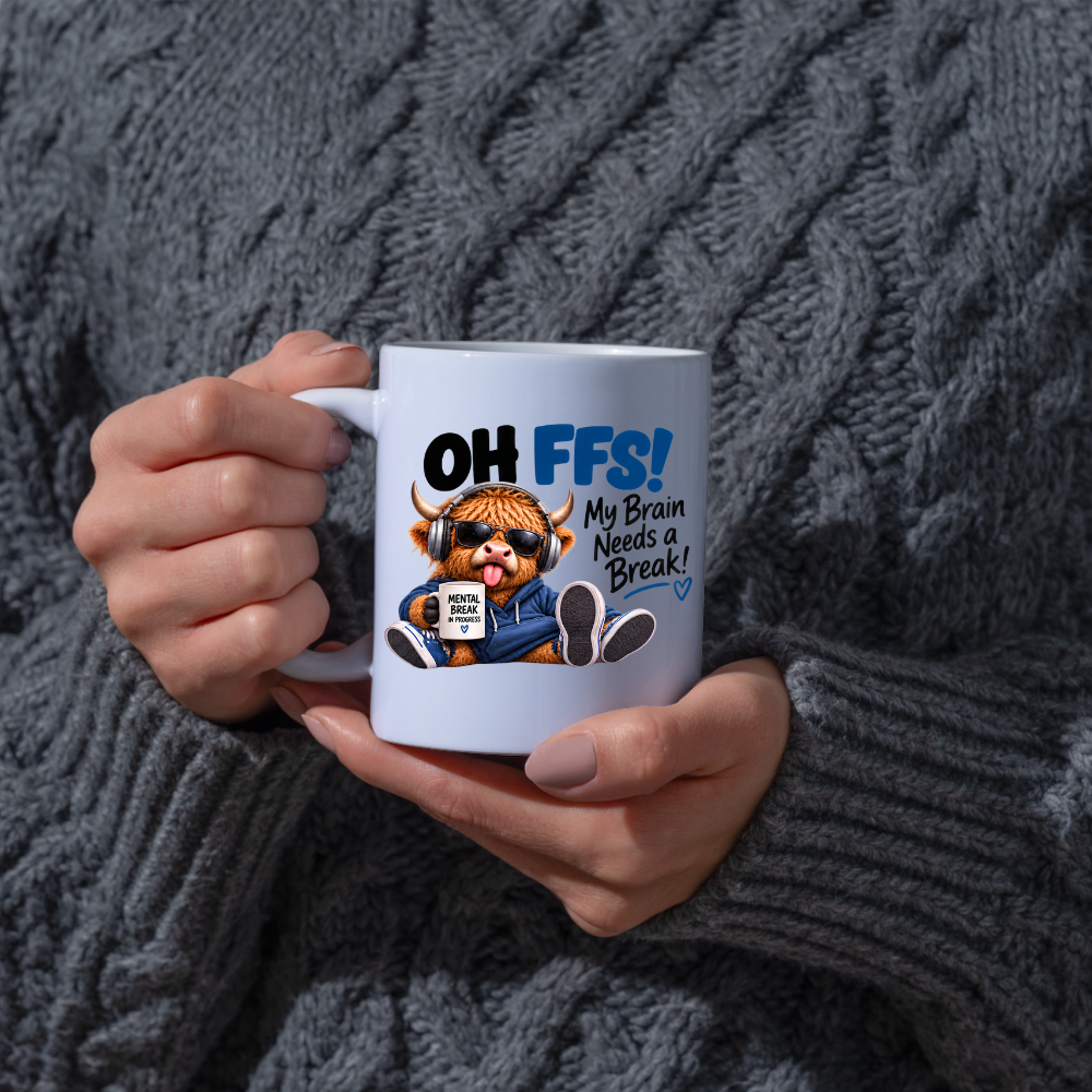 Highland Cow Mental Break Mug "OH FFS! My Brain Needs a Break!" Oh Ffs! My Brain Needs a Break! 325ml Ceramic Coffee Mug – Cute Highland Cow with Headphones, Sunglasses & "Mental Break" Mug | Funny Office Gift | Fast Dispatch by UK Seller (M3382)