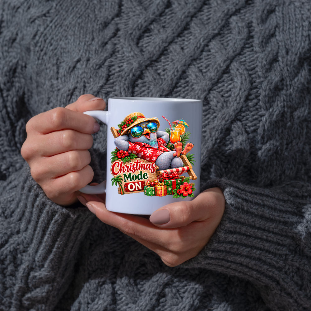 Tropical Christmas Mug "Christmas Mode ON Cool Bird" 325ml Ceramic Coffee Mug – Funny Tropical Christmas Bird in Hawaiian Shirt Sunglasses Straw Hat Relaxing On Deck Chair Holiday Gift | Available in Multicolours | Fast Dispatch by UK Seller (M3270)