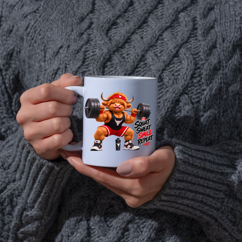 Gym Mug "Squat Sweat Smile Repeat Highland Cow" Squat Sweat Smile Repeat 325ml Ceramic Coffee Mug – Muscular Highland Cow Squatting Heavy Barbell In Headband Tank Top Gym Fitness Gift | Available in Multicolours | Fast Dispatch by UK Seller (M3276)