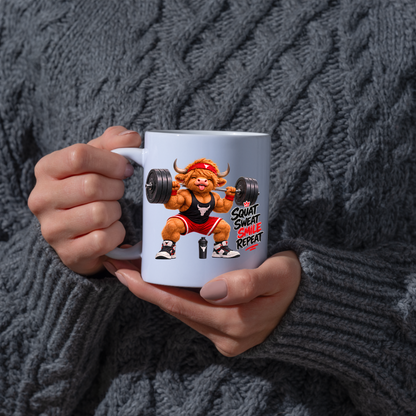 Gym Mug "Squat Sweat Smile Repeat Highland Cow" Squat Sweat Smile Repeat 325ml Ceramic Coffee Mug – Muscular Highland Cow Squatting Heavy Barbell In Headband Tank Top Gym Fitness Gift | Available in Multicolours | Fast Dispatch by UK Seller (M3276)