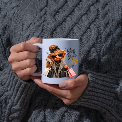Highland Cow Mug "Shop Style Slay Highland Cow" Shop Style Slay 325ml Ceramic Coffee Mug – Glamorous Highland Cow with Shopping Bags, Smartphone Sunglasses Plaid Coat Fashion Gift | Available in Multicolours | Fast Dispatch by UK Seller (M3282)