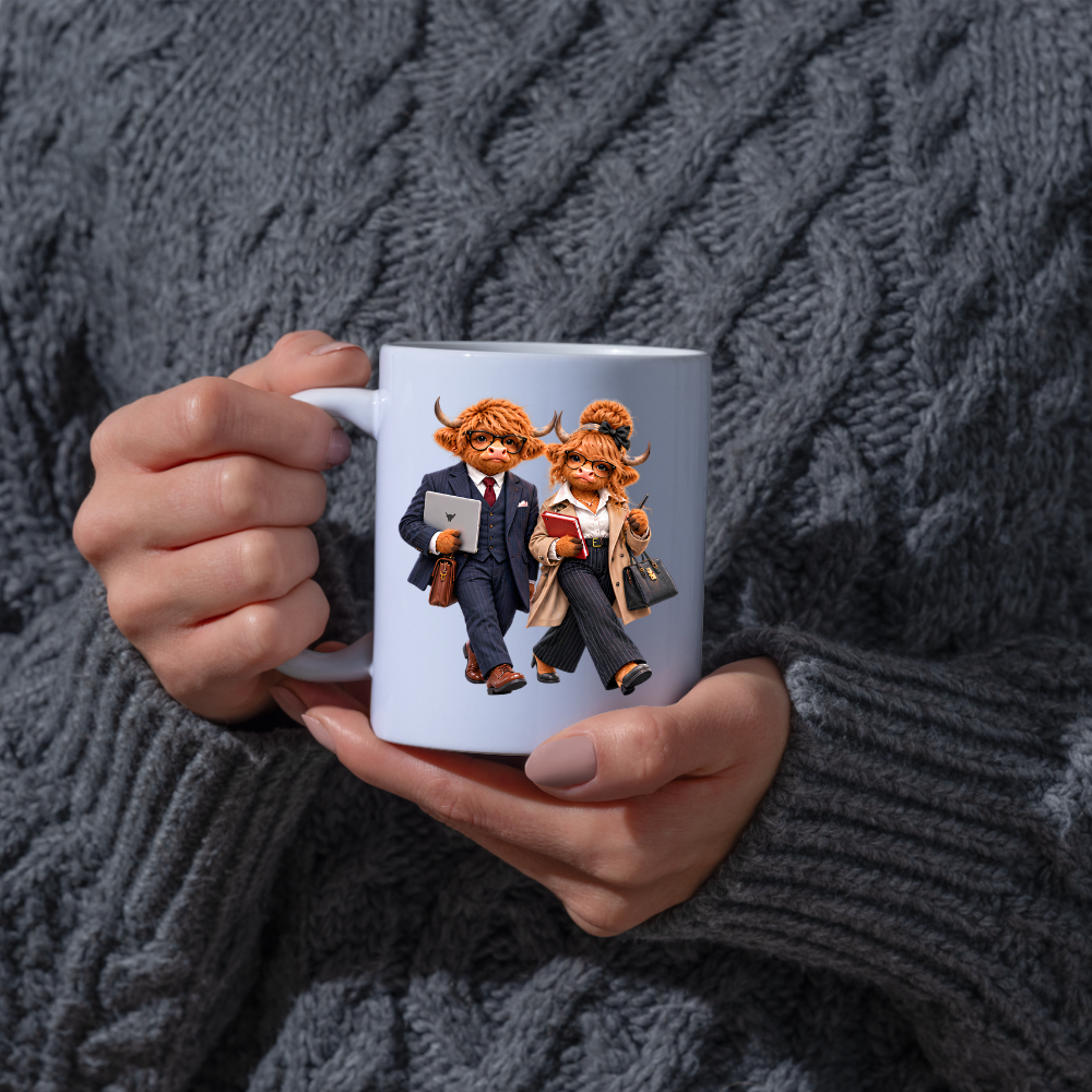 Corporate Mug "Professional Highland Cow Couple" 325ml Ceramic Coffee Mug – Stylish Highland Cow Couple in Suits Coat Holding Laptop Work Office Gift For Coworkers Professionals | Available in Multicolours | Fast Dispatch by UK Seller (M3264)