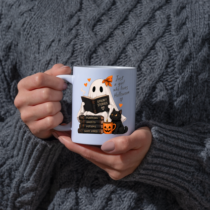 Halloween Mug "Reading Ghost Just a Girl Who Loves Halloween" 325ml Ceramic Coffee Mug–Cute Halloween Autumn Tea Cup With Reading Sheet Ghost Spooky Books Cat Graphic Gift | Available in Multicolours | Fast Dispatch by UK Seller (M3227)