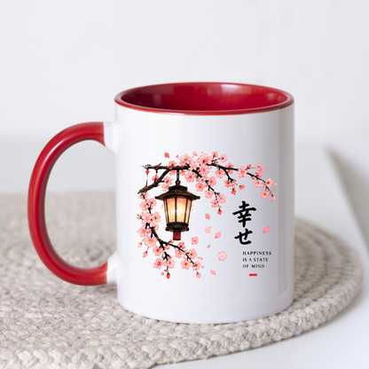 Japanese Lantern Mug "HAPPINESS IS A State Of Mind" Cherry Blossom 325ml Ceramic Coffee Mug – Aesthetic Mindful Tea Cup with Kanji & Lantern Graphic Gift | Available in Multicolours | Fast Dispatch by UK Seller (M3036)