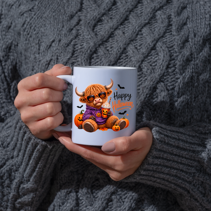 Halloween Mug "Cool Pumpkin Spice Happy Halloween" Cool Hoodie Highland Cow 325ml Ceramic Coffee Mug – Trendy Halloween Tea Cup with Pumpkin Sunglasses Iced Drink Graphic Gift | Available in Multicolours | Fast Dispatch by UK Seller (M3169)