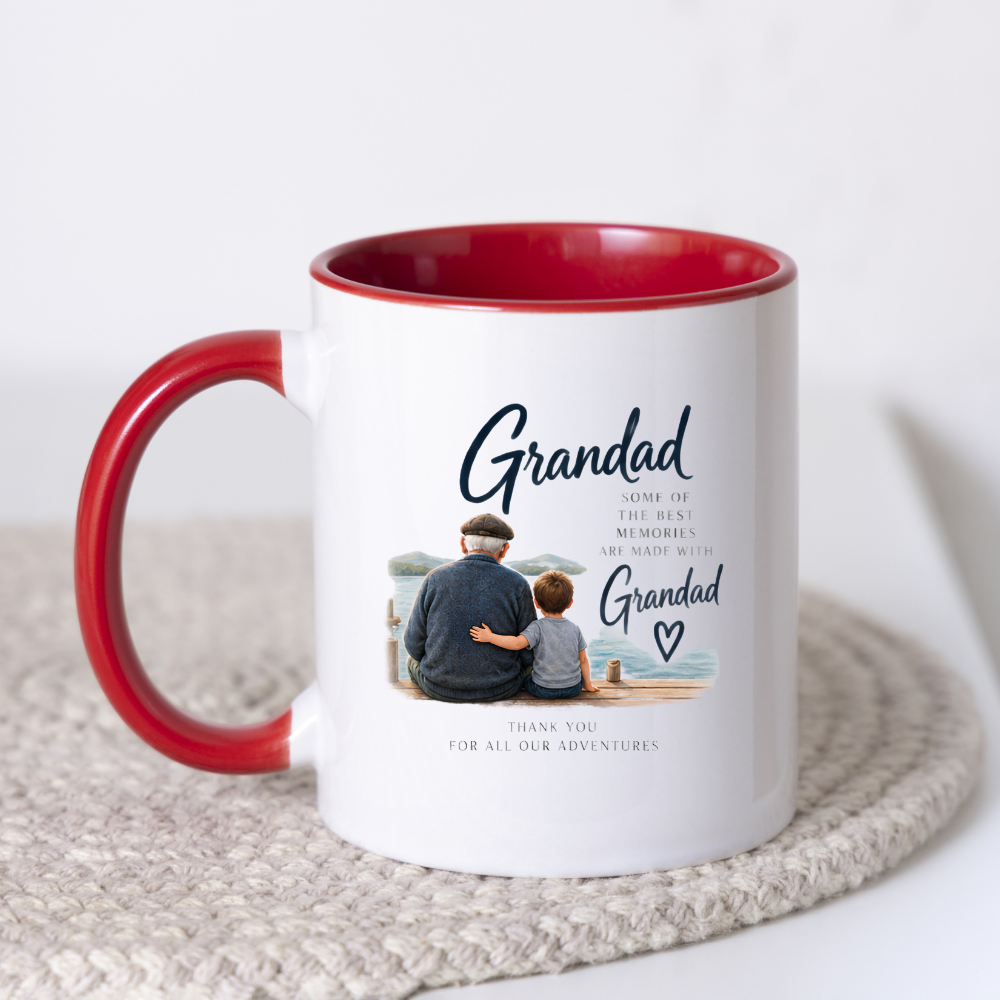 Family Mug "Grandad SOME OF THE BEST MEMORIES ARE MADE WITH" Sentimental Grandpa 325ml Ceramic Coffee Mug – Heartwarming Grandad Tea Cup with Grandfather & Grandchild Lake Scene Graphic Gift | Available in Multicolours | Fast Dispatch by UK Seller (M3016)
