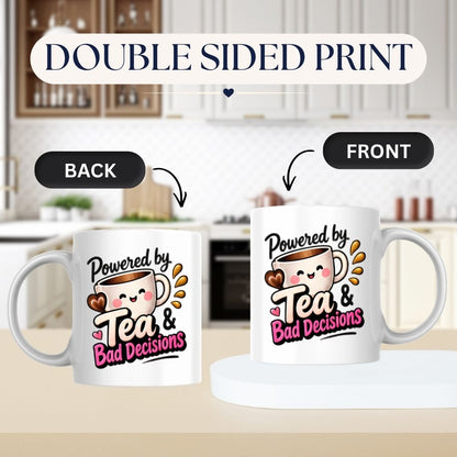 Humorous Mug "Powered by Tea & Bad Decisions" 325ml Ceramic Coffee Mug Cute Tea Lover Cup with Kawaii Smiling Teacup, Hearts & Splash Graphic Gift | Available in Multicolours | Fast Dispatch by UK Seller (M1300)