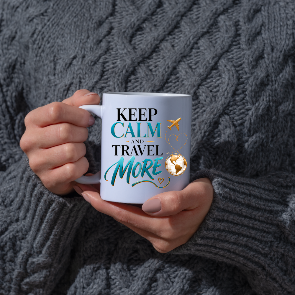 Travel Mug "Keep Calm And Travel More" 325ml Ceramic Coffee Tea Cup – Teal & Gold Typography, Globe & Airplane Slogan Novelty Gift for Travelers, Adventurers, Birthday – Fast Dispatch by UK Seller (M3495)