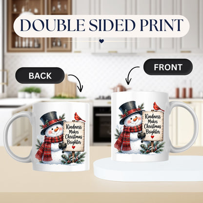 Heartwarming Mug "Kindness Makes Christmas Brighter" Snowman 325ml Ceramic Coffee Mug – Cute Winter Holiday Tea Cup with Top Hat, Cardinal Wooden Sign Gift | Available in Multicolours | Fast Dispatch by UK Seller (M1249)