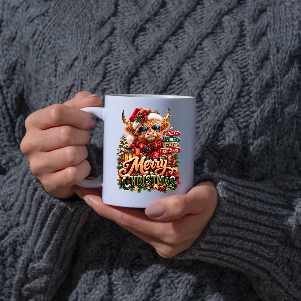 Christmas Mug "Merry Christmas Good Vibes Cozy Christmas" Merry Christmas 325ml Ceramic Coffee Mug – Cute Highland Cow Santa Mug with Good Vibes Cozy Christmas Signs & Presents | Festive Holiday Gift | Fast Dispatch by UK Seller (M3336)