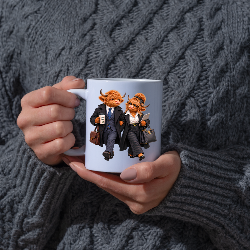 Business Mug "Professional Highland Cow Power Couple" Professional Highland Cow Power Couple 325ml Ceramic Coffee Mug – Stylish Office Corporate Tea Cup With Suits Coffee Graphic Gift | Available in Multicolours | Fast Dispatch by UK Seller (M3193)