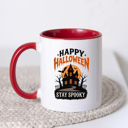 Halloween Mug "HAPPY HALLOWEEN Stay Spooky" Haunted House 325ml Ceramic Coffee Mug – Atmospheric Autumn Tea Cup with Full Moon & Bats Graphic Gift | Available in Multicolours | Fast Dispatch by UK Seller (M3072)
