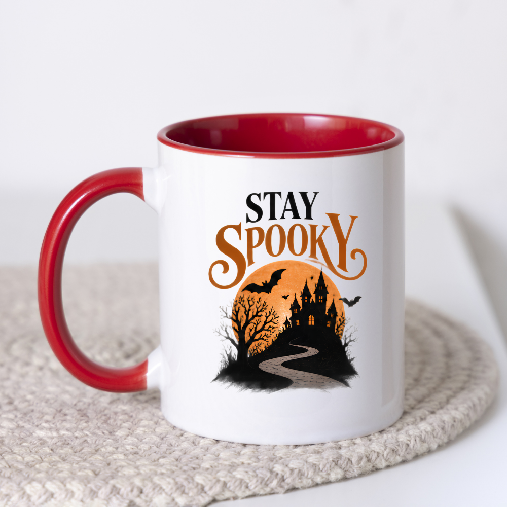 Halloween Mug "STAY SPOOKY" Haunted Castle 325ml Ceramic Coffee Mug Atmospheric Autumn Tea Cup with Full Moon, Winding Path & Bats Graphic Gift | Available in Multicolours | Fast Dispatch by UK Seller (M3080)