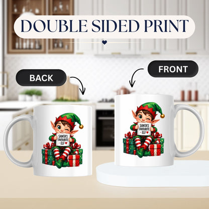 Festive Mug "Santa's Favourite Elf" Christmas Holiday Character 325ml Ceramic Coffee Mug – Cute Holiday Tea Cup with Elf Hat & Gift Box Sign | Available in Multicolours | Fast Dispatch by UK Seller (M1242)