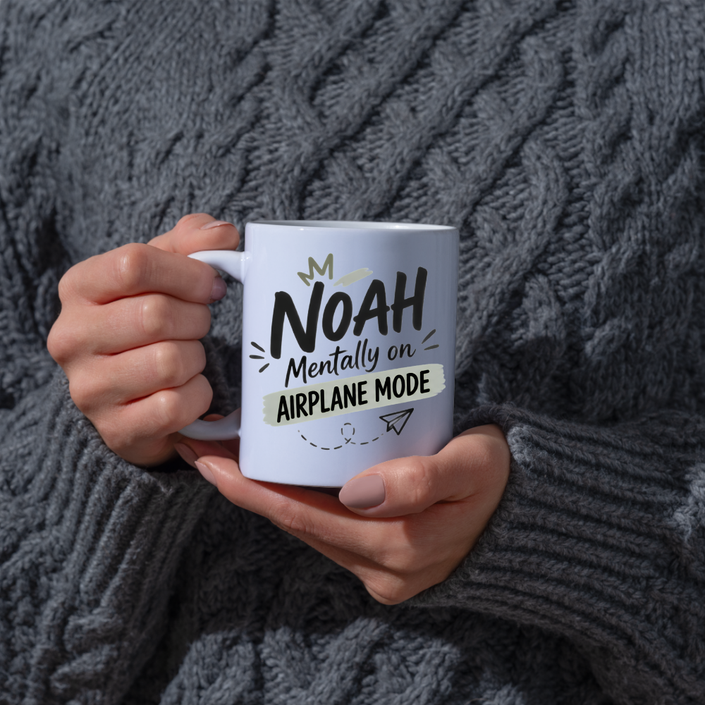 Personalized Name Mug "Noah Mentally On Airplane Mode" Noah Mentally On Airplane Mode 325ml Ceramic Coffee Mug – Custom Name Typography Slogan with Crown, Grey Brushstroke Banner & Paper Plane Graphic | Funny Gift | Fast Dispatch by UK Seller (M3453)