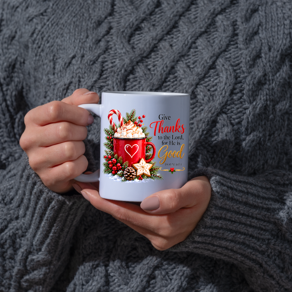 eligious Christmas Mug "Give Thanks To The Lord For He Is Good" Give Thanks To The Lord For He Is Good 325ml Ceramic Coffee Mug – Christian Holiday Scripture Mug with Psalm 107:1, Hot Cocoa & Pinecones | Religious Gift | Fast Dispatch by UK Seller (M3342)