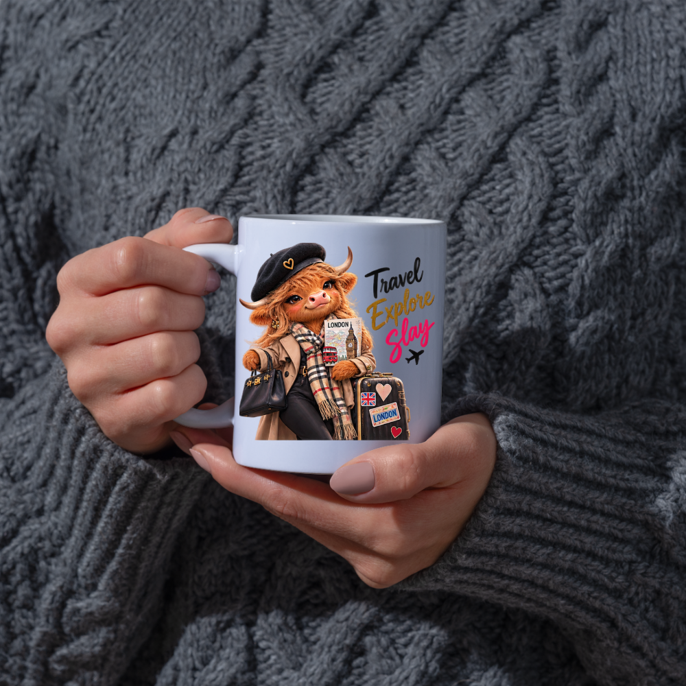 Travel Mug "Travel Explore Slay Highland Cow" Travel Explore Slay Highland Cow 325ml Ceramic Coffee Mug – Chic London Travel Tea Cup with Beret Trench Coat Scarf Graphic Gift | Available in Multicolours | Fast Dispatch by UK Seller (M3199)