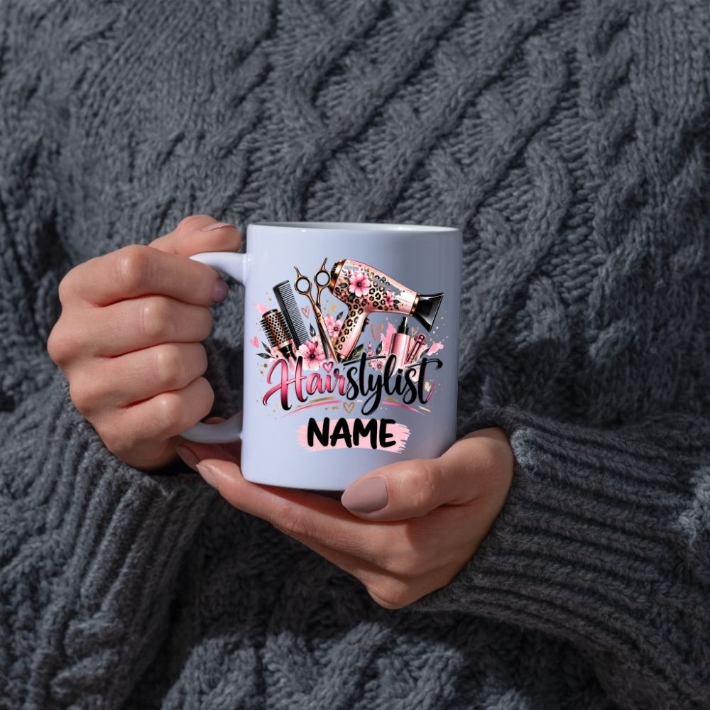 Personalised Mug "Hairstylist" Custom Name Hairdresser Coffee Cup 350ml Ceramic, Male Female Barber Hair Salon Design, Pink Floral Blue Hair Tools, Gift for Stylist Beautician Colleague, Birthday Christmas Secret Santa | Fast Dispatch by UK Seller (M1196)
