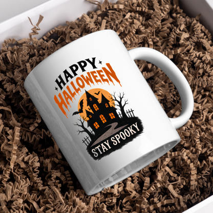 Halloween Mug "HAPPY HALLOWEEN Stay Spooky" Haunted House 325ml Ceramic Coffee Mug – Atmospheric Autumn Tea Cup with Full Moon & Bats Graphic Gift | Available in Multicolours | Fast Dispatch by UK Seller (M3072)