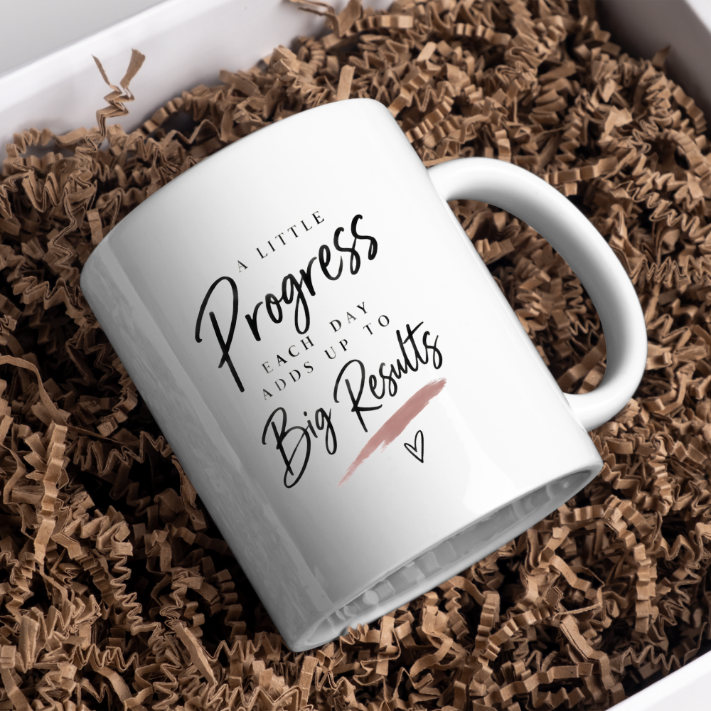 Inspirational Mug "A LITTLE Progress EACH DAY ADDS UP TO Big Results" Motivational Aesthetic 325ml Ceramic Coffee Mug Minimalist Desk Tea Cup with Brushstroke & Heart Graphic Gift | Available in Multicolours | Fast Dispatch by UK Seller (M3010)