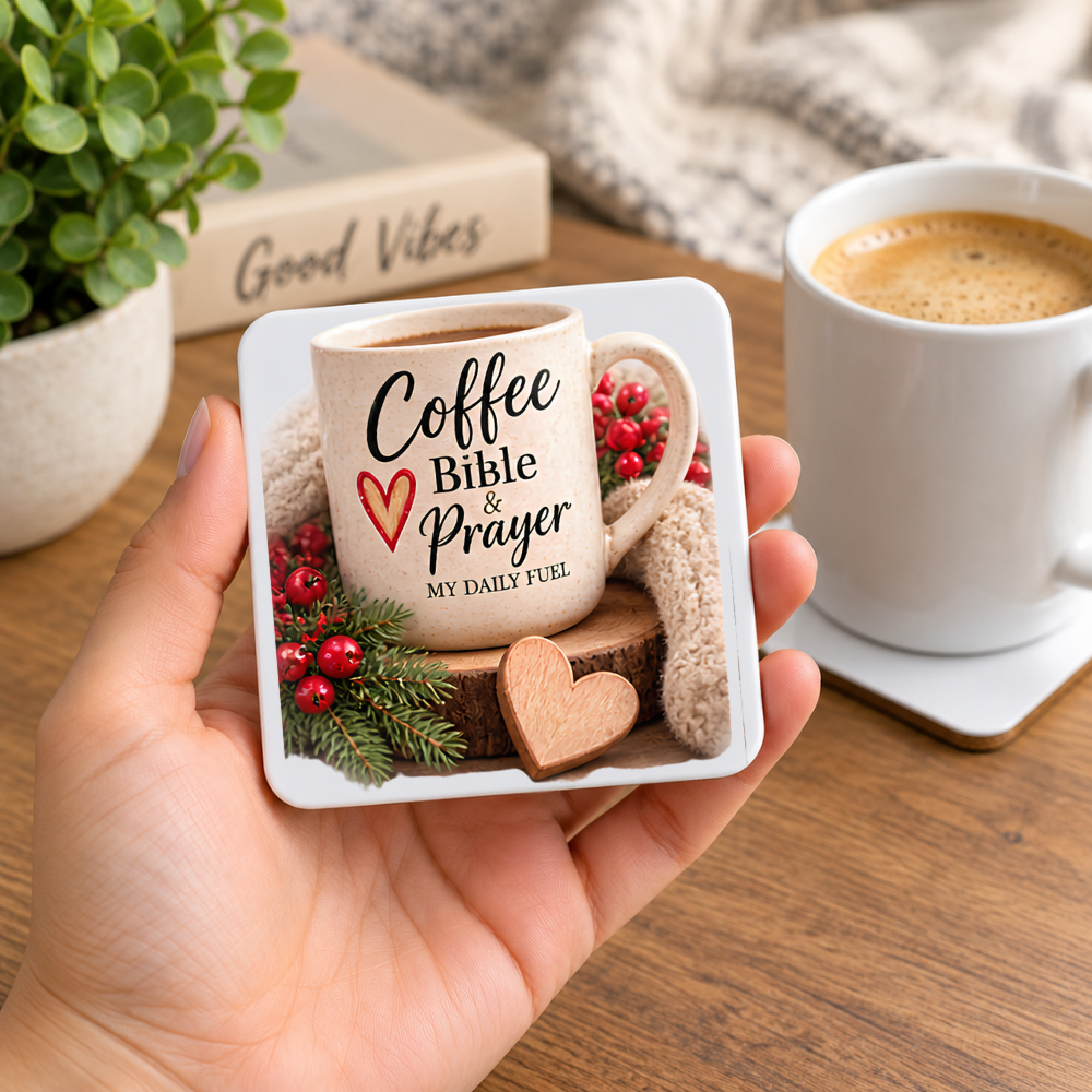 Inspirational Religious Hardboard Coaster "Coffee Bible & Prayer My Daily Fuel" Graphic 9cm x 9cm Square Drinks Coaster “Speckled Ceramic Mug, Wooden Heart & Cozy Knit Scarf Novelty Mat | Christian Glossy Gift | Fast Dispatch by UK Seller (C3052)