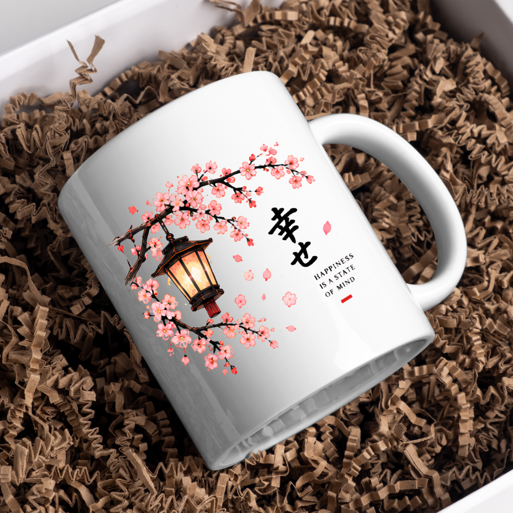Japanese Lantern Mug "HAPPINESS IS A State Of Mind" Cherry Blossom 325ml Ceramic Coffee Mug – Aesthetic Mindful Tea Cup with Kanji & Lantern Graphic Gift | Available in Multicolours | Fast Dispatch by UK Seller (M3036)