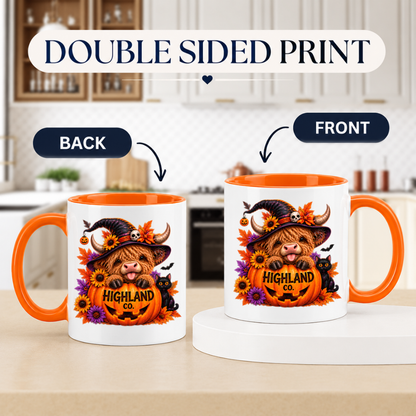 Halloween Mug "Highland Cow Witch Pumpkin" Highland Cow Witch Pumpkin 325ml Ceramic Coffee Mug – Cute Halloween Autumn Tea Cup with Highland Cow Witch Hat Jack O Lantern Black Cat Sunflowers Graphic Gift | Fast Dispatch by UK Seller (M3210)
