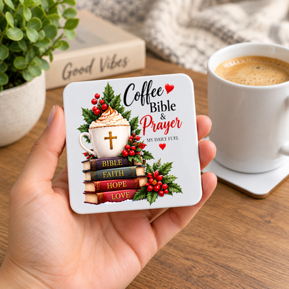 Inspirational Religious Hardboard Coaster "Coffee Bible & Prayer My Daily Fuel" Graphic 9cm x 9cm Square Drinks Coaster “Stack of Holy Book