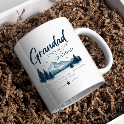 Family Mug "Grandad LIFE'S BETTER With A Grandad" Sentimental Grandpa 325ml Ceramic Coffee Mug – Heartwarming Grandad Tea Cup with Mountain Landscape Pine Trees Graphic Gift | Available in Multicolours | Fast Dispatch by UK Seller (M3022)