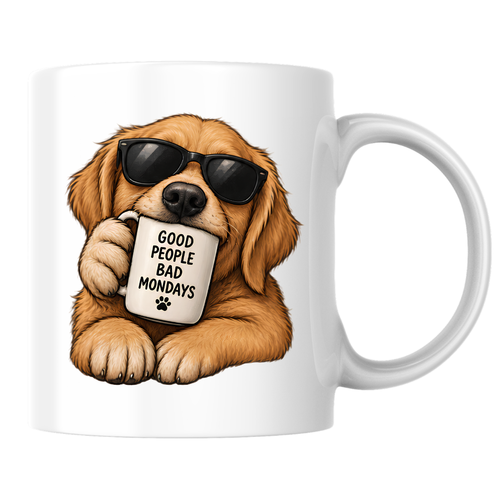Funny Dog Mug "GOOD PEOPLE BAD MONDAYS" Cool Golden Retriever 325ml Ceramic Coffee Mug Sarcastic Puppy Tea Cup with Sunglasses & Mini Mug Graphic Gift | Available in Multicolours | Fast Dispatch by UK Seller (M3004)
