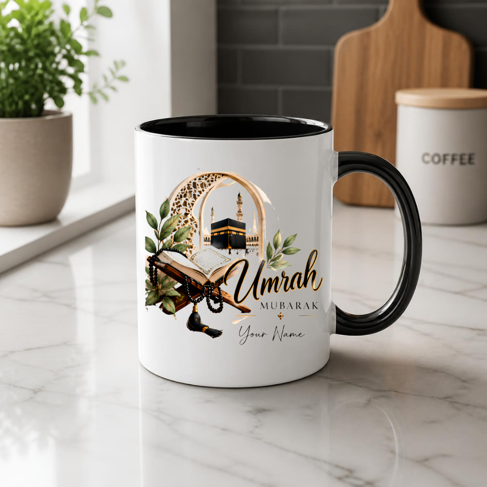 Personalised Umrah Mubarak Mug 325ml Ceramic Coffee Tea Cup – Custom Name, Holy Kaaba, Open Quran & Tasbih Prayer Beads Islamic Pilgrimage Gift for Family, Friends, Hajj Celebration – Fast Dispatch by UK Seller (M3489)
