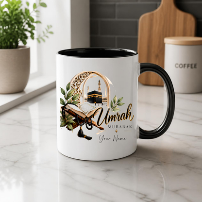 Personalised Umrah Mubarak Mug 325ml Ceramic Coffee Tea Cup – Custom Name, Holy Kaaba, Open Quran & Tasbih Prayer Beads Islamic Pilgrimage Gift for Family, Friends, Hajj Celebration – Fast Dispatch by UK Seller (M3489)