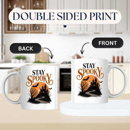 Halloween Mug "STAY SPOOKY" Haunted Castle 325ml Ceramic Coffee Mug Atmospheric Autumn Tea Cup with Full Moon, Winding Path & Bats Graphic Gift | Available in Multicolours | Fast Dispatch by UK Seller (M3080)