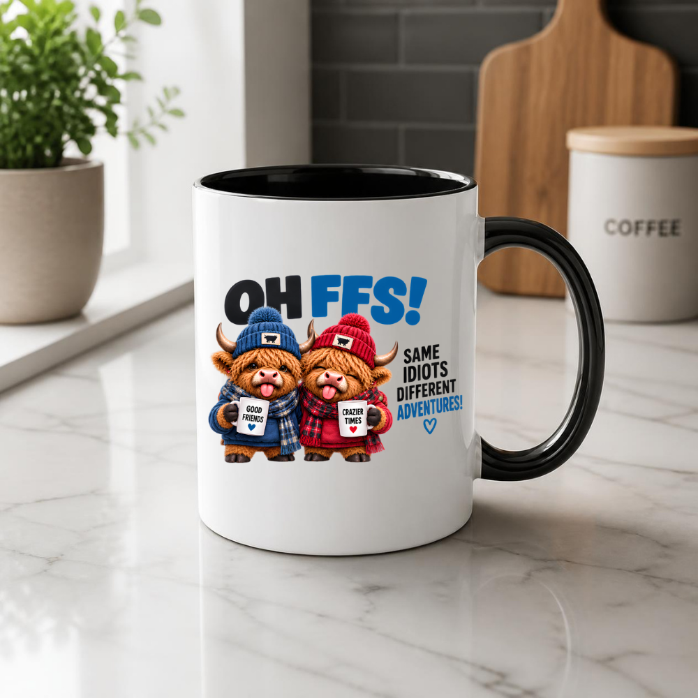 Winter Besties Highland Cows Mug "OH FFS! Same Idiots Different Adventures!" Oh Ffs! Same Idiots Different Adventures! 325ml Ceramic Coffee Mug –Cute Highland Cows in Bobble Hats with Mugs & Scarves | Funny Bestie Gift | Fast Dispatch by UK Seller (M3372)