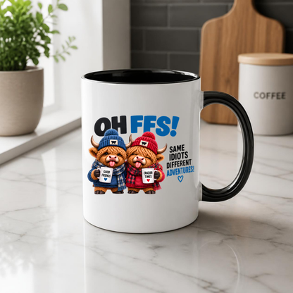 Winter Besties Highland Cows Mug "OH FFS! Same Idiots Different Adventures!" Oh Ffs! Same Idiots Different Adventures! 325ml Ceramic Coffee Mug –Cute Highland Cows in Bobble Hats with Mugs & Scarves | Funny Bestie Gift | Fast Dispatch by UK Seller (M3372)