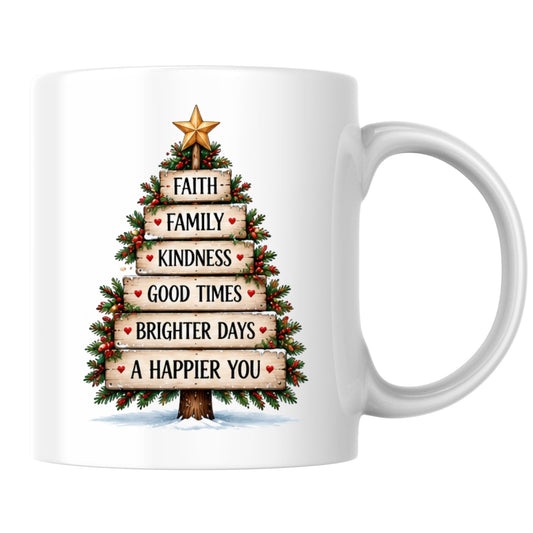 Inspirational "Faith Family Kindness Good Times Brighter Days A Happier You" Wooden Sign Christmas Tree 325 ml Ceramic Coffee Mug Festive Winter Holiday Tea Cup with Golden Star & Rustic Plank Design Gift (M1263)