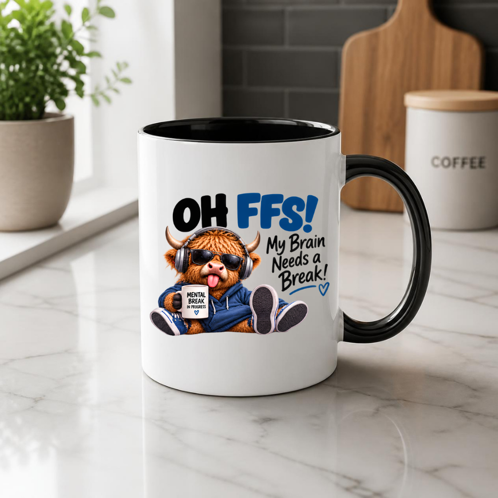 Highland Cow Mental Break Mug "OH FFS! My Brain Needs a Break!" Oh Ffs! My Brain Needs a Break! 325ml Ceramic Coffee Mug – Cute Highland Cow with Headphones, Sunglasses & "Mental Break" Mug | Funny Office Gift | Fast Dispatch by UK Seller (M3382)